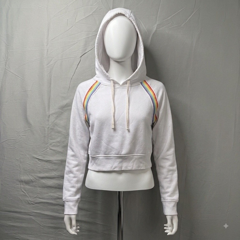 Brooklyn Cloth Womens White Rainbow Stripe Cropped Hoodie Sweatshirt Size M